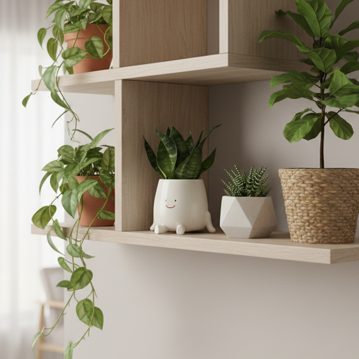 Plante Sansevieria dans un pot souriant blanc, posée sur un meuble TV moderne en bois clair dans un salon. L'arrière-plan montre l'écran du téléviseur ou des accessoires de décoration.