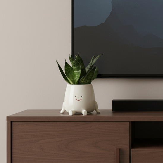 Rendu amélioré d'une plante Sansevieria naine dans un pot blanc souriant avec des pieds, sur fond blanc lumineux. Le pot est rond et les feuilles de la plante sont vert foncé avec des motifs clairs.