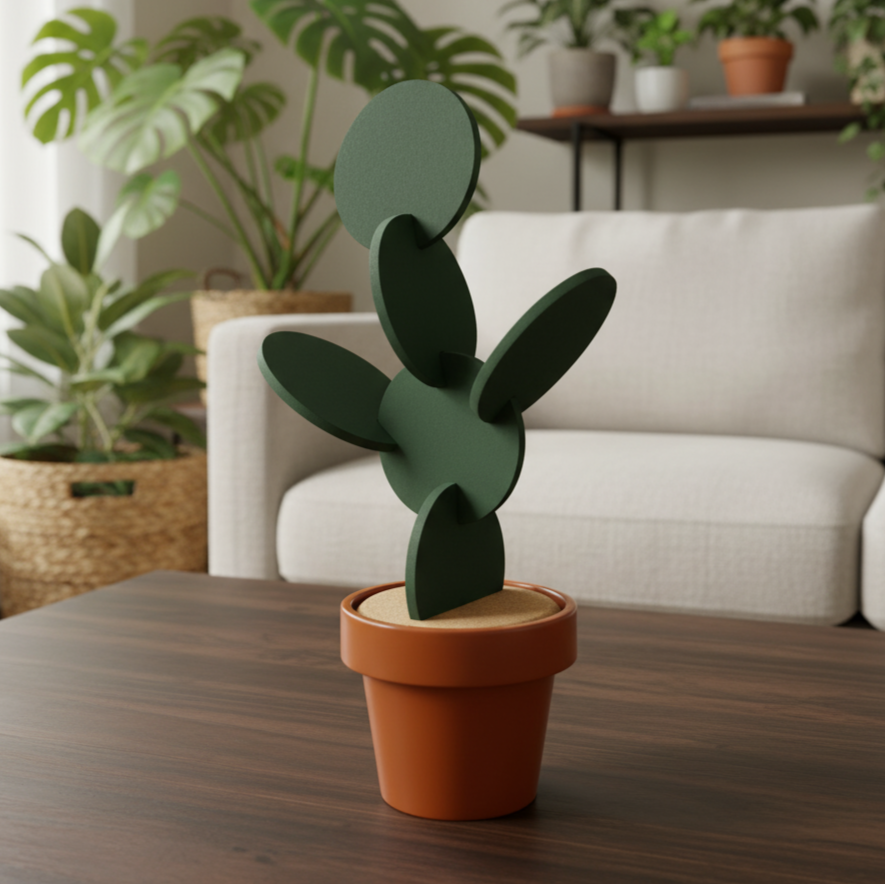 Un support à sous-verres décoratif en forme de cactus stylisé, vert foncé avec une base en pot de terre cuite marron, est posé au centre d'une table basse en bois foncé. Le support est vide, sans sous-verres insérés.
