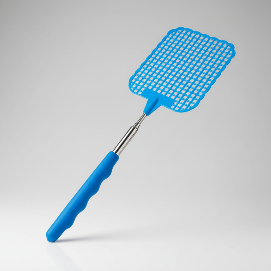 Photographie de produit d'une tapette à mouches bleue avec un manche télescopique. L'objet est posé sur une surface blanche réfléchissante devant un fond gris clair uni. L'éclairage est doux et uniforme, typique d'une photo de studio.