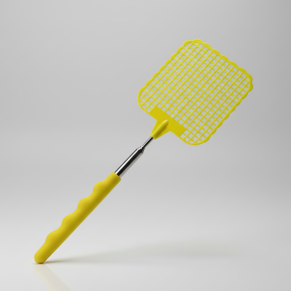 Photographie de produit d'une tapette à mouches jaune avec un manche télescopique. L'objet est posé sur une surface blanche réfléchissante devant un fond gris clair uni. L'éclairage est doux et uniforme, typique d'une photo de studio.