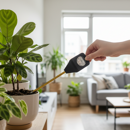 Un testeur d'humidité noir et doré est inséré dans un pot de plante d'intérieur avec des feuilles vertes, posé sur une étagère en bois dans un salon lumineux. L'outil affiche un niveau d'humidité moyen, indiquant à l'utilisateur qu'il n'est pas nécessaire d'arroser immédiatement. L'arrière-plan montre d'autres plantes et de la lumière naturelle.