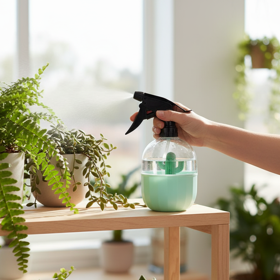  Un vaporisateur d'eau décoratif transparent avec une base verte et un petit cactus intégré, est posé sur une étagère en bois. Il est entouré de plantes d'intérieur et baigné par la lumière du soleil. L'image met en valeur l'aspect esthétique et pratique de l'outil pour l'entretien des plantes.