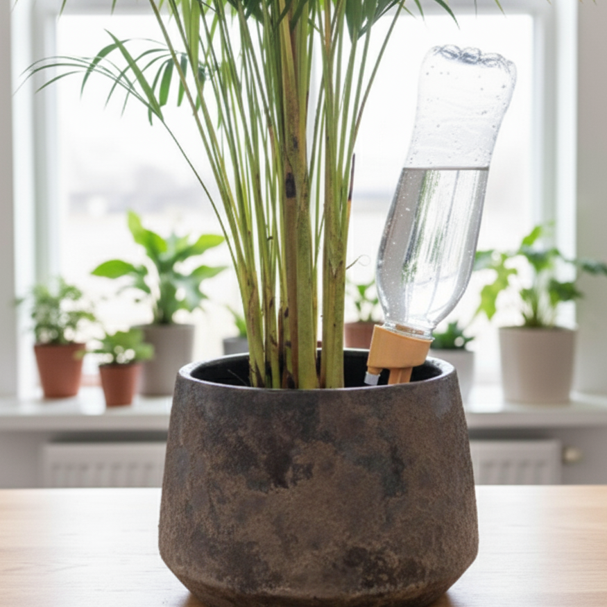 Un système d'arrosage goutte-à-goutte en céramique et plastique orange, connecté à une bouteille d'eau agrandie et inséré dans un pot de plante.