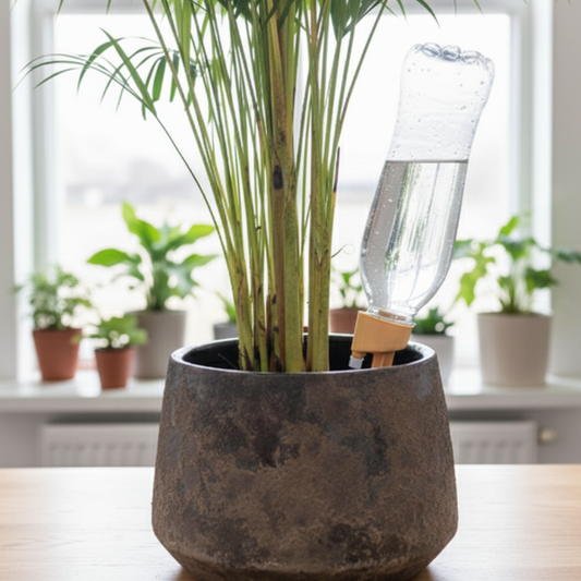 Un système d'arrosage goutte-à-goutte en céramique et plastique orange, connecté à une bouteille d'eau agrandie et inséré dans un pot de plante.