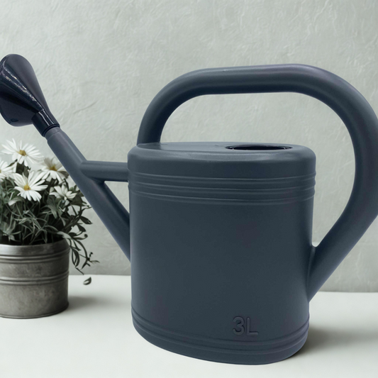 Arrosoir gris foncé de 3L posé sur une table blanche à côté d'une petite plante en pot de marguerites blanches, avec un fond gris clair