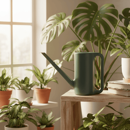 Un arrosoir minimaliste vert foncé posé sur un rebord de fenêtre en bois, entouré de plantes d'intérieur.