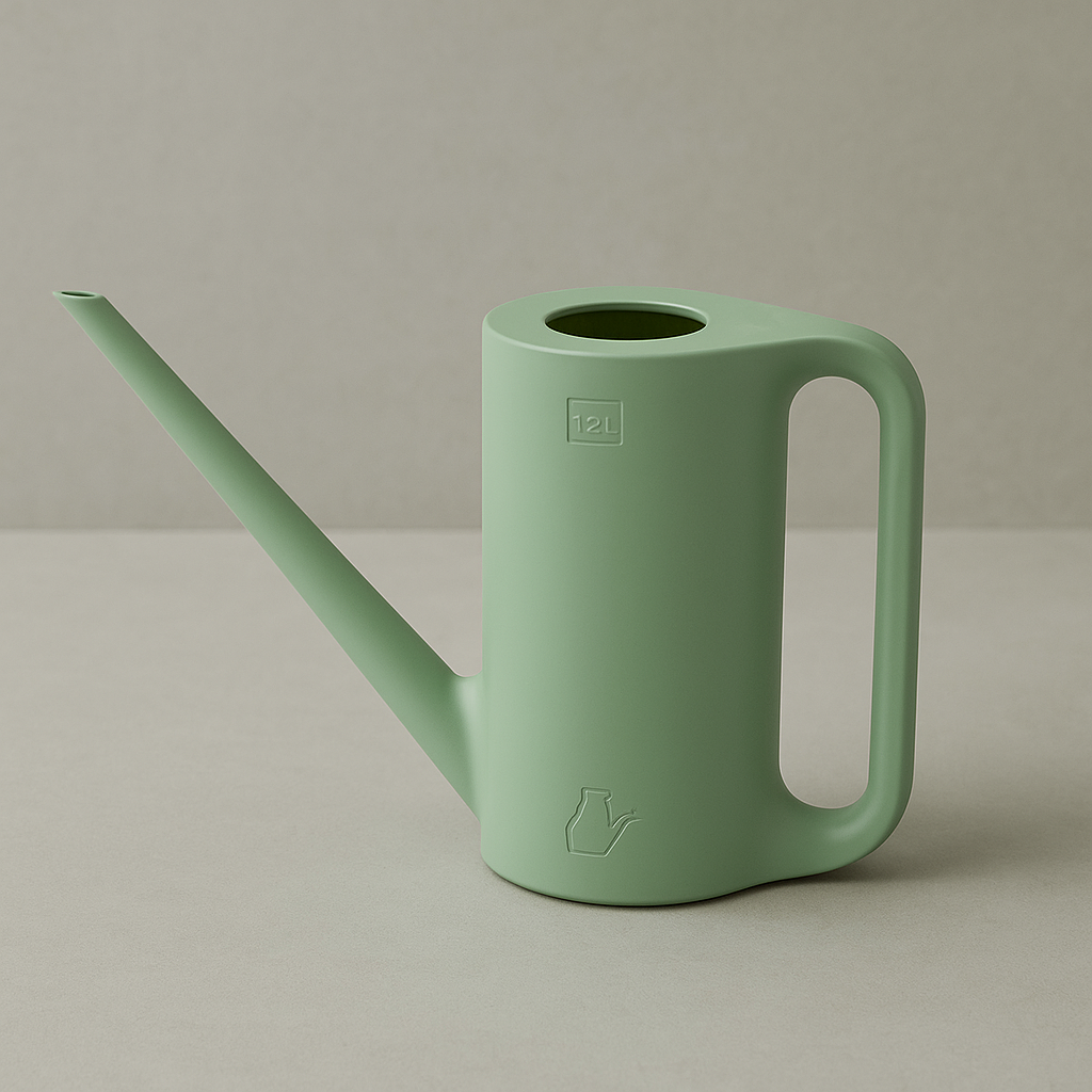 Un arrosoir en plastique vert foncé de 1.2 litres avec un long bec, posé sur un sol carrelé.