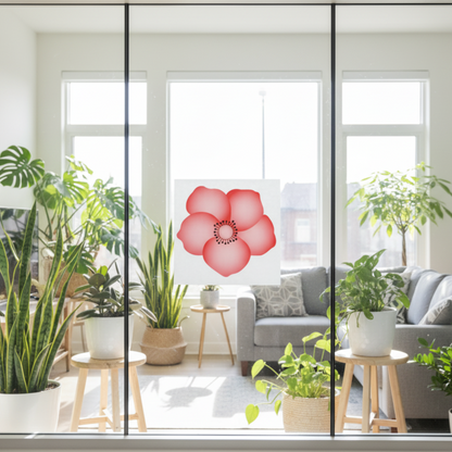 Décalcomanie de fenêtre en forme de fleur rose, conçue pour un attrape-mouches, placée sur une grande vitre de salon. On aperçoit derrière la fenêtre un canapé gris et plusieurs plantes d'intérieur.