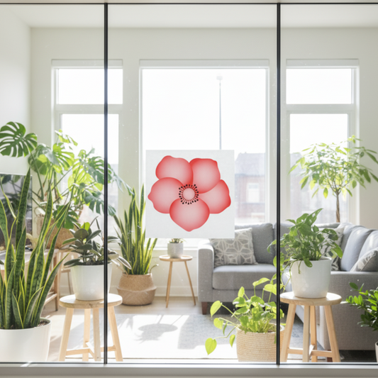 Décalcomanie de fenêtre en forme de fleur rose, conçue pour un attrape-mouches, placée sur une grande vitre de salon. On aperçoit derrière la fenêtre un canapé gris et plusieurs plantes d'intérieur.