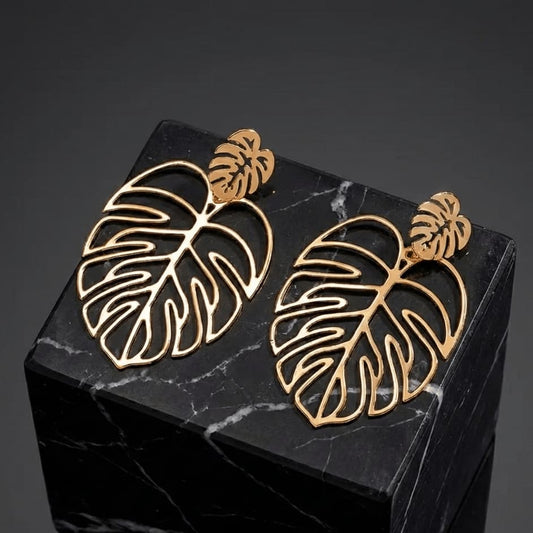 Boucles d'Oreilles Monstera Dorées - Design Tropical Chic - Jungle Feed