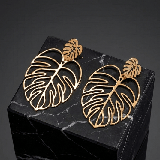 Boucles d'Oreilles Monstera Dorées - Design Tropical Chic - Jungle Feed