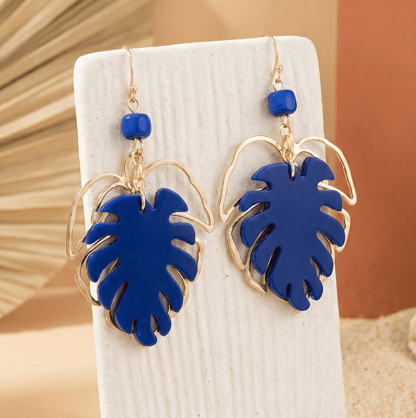 Boucles d'Oreilles Pendantes Monstera Bleu et Doré - Jungle Feed