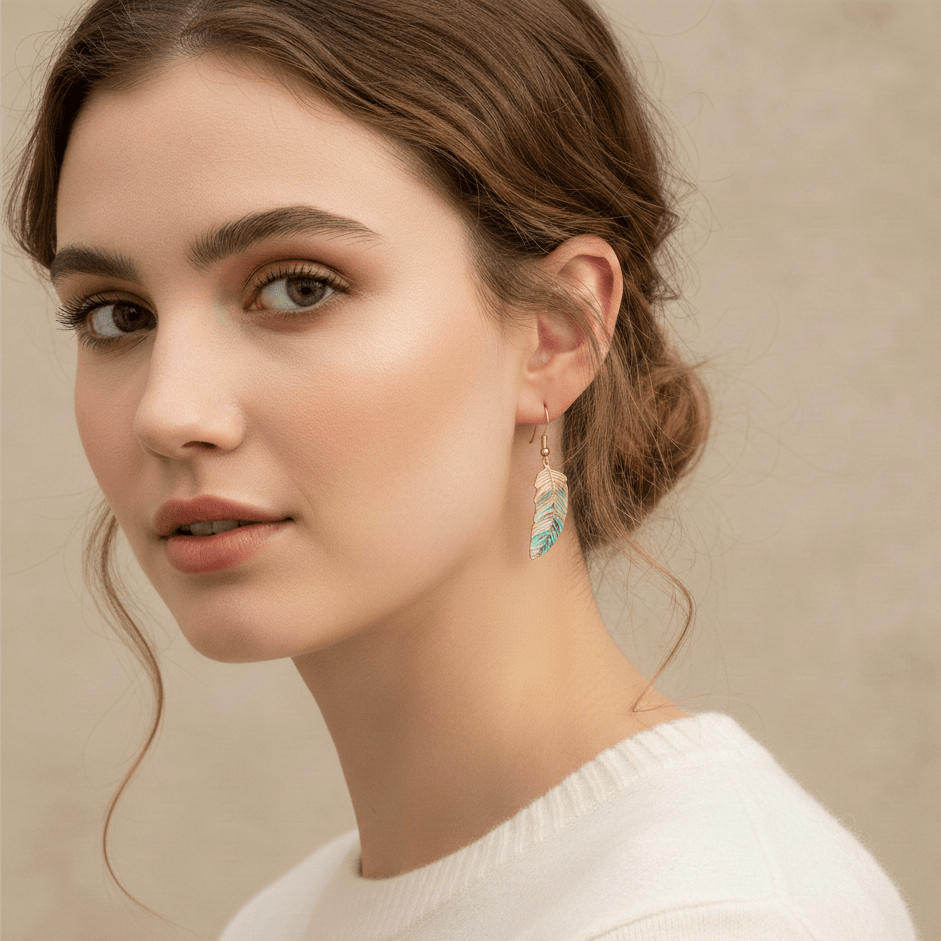 Boucles d'Oreilles Plume Turquoise Dorées - Design Bohème Chic - Jungle Feed