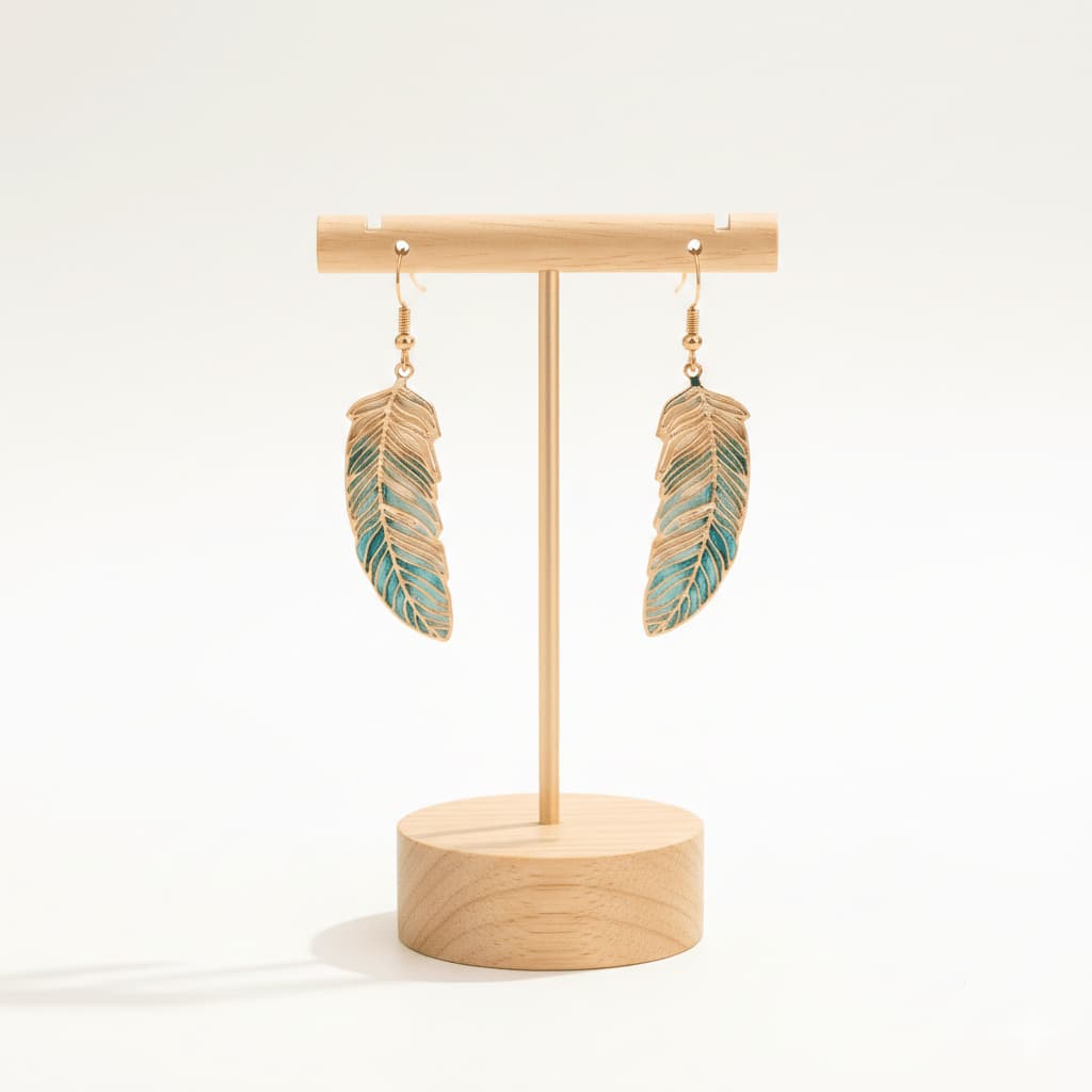 Boucles d'Oreilles Plume Turquoise Dorées - Design Bohème Chic - Jungle Feed