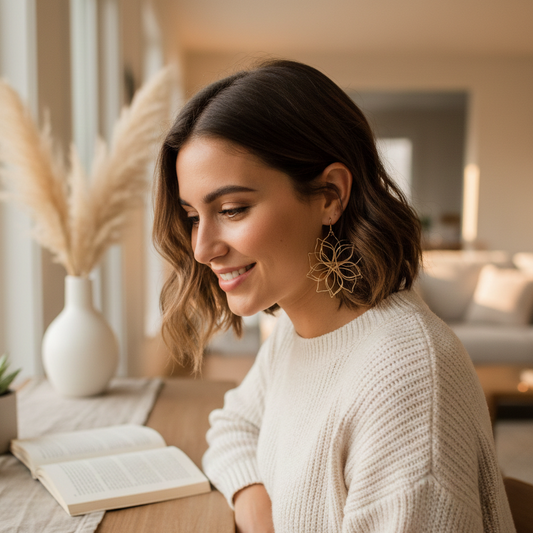 Femme souriante portant les boucles d'oreilles dorées Duo Fleur dans un intérieur moderne et lumineux.