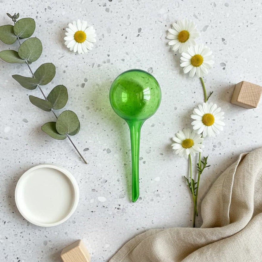 Vue de dessus d'un globe d'arrosage vert entouré de fleurs de marguerites, de feuilles d'eucalyptus et de tissus en lin sur une surface mouchetée claire.