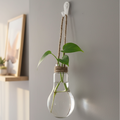Décoration murale : petit vase ampoule suspendu pour plante d'intérieur, corde rustique, mur gris clair style scandinave.
