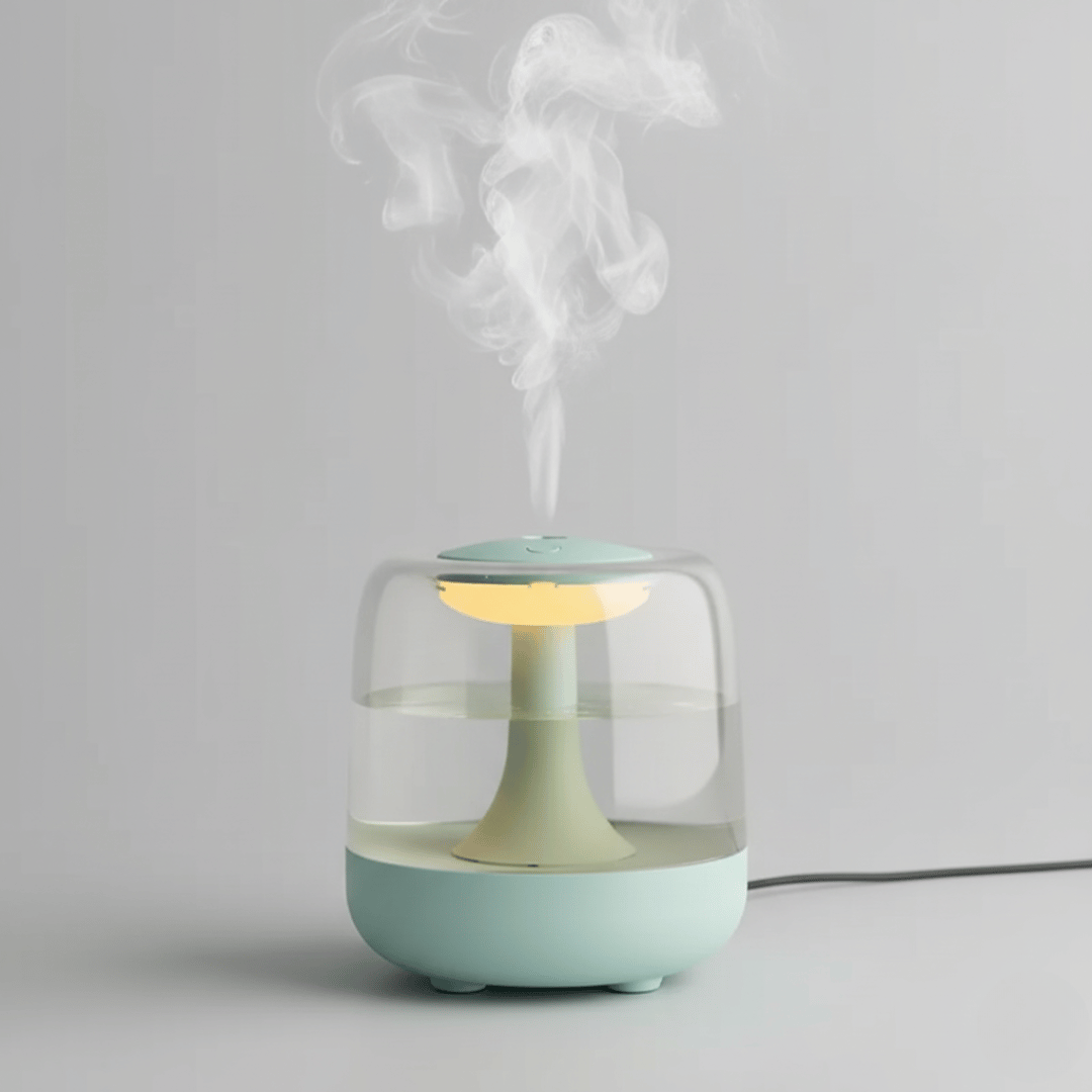Humidificateur d'air transparent et lumineux en forme de champignon, diffusant de la brume dans un studio photo lumineux.
