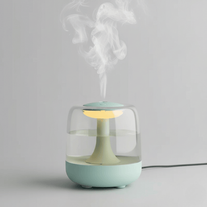Humidificateur d'air transparent et lumineux en forme de champignon, diffusant de la brume dans un studio photo lumineux.
