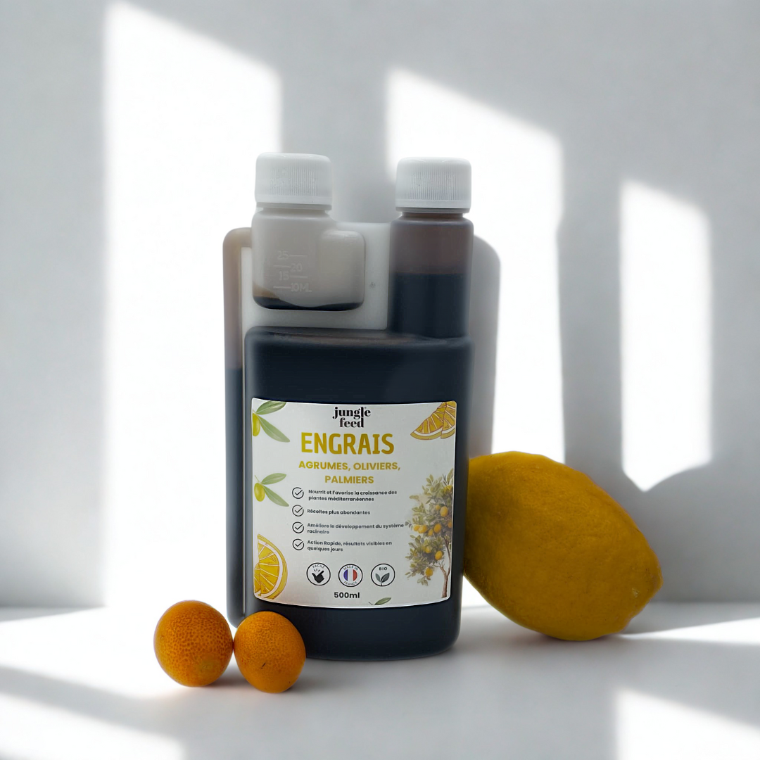 Bouteille d'engrais liquide pour agrumes, oliviers et palmiers, conçue pour les plantes du climat méditerranéen. Le produit est placé à côté de citrons et d'un feuillage vert luxuriant.