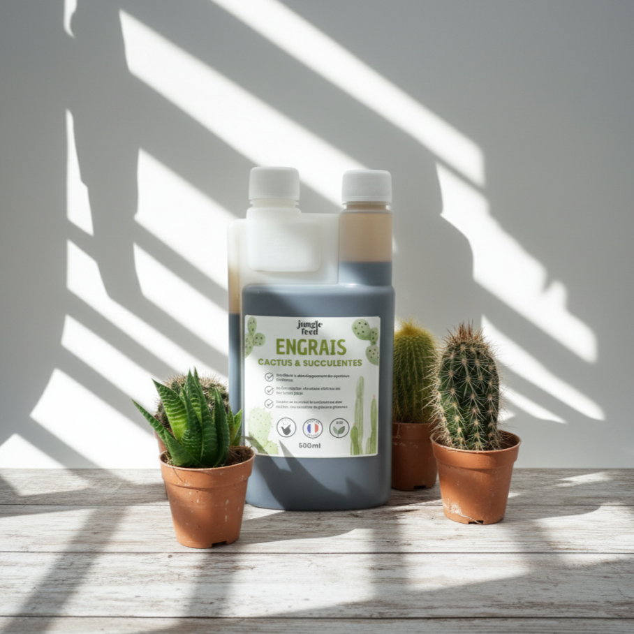 Engrais naturel pour plantes de climat sec, mis en scène près de cactus et de succulentes. Ce produit nourrit le sol et renforce la santé des plantes.