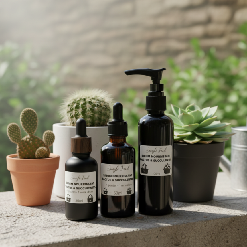 Trois formats (30ml, 50ml, 100ml) du sérum nourrissant Jungle Feed pour cactus et succulentes, entourés de plantes grasses et d'un arrosoir.