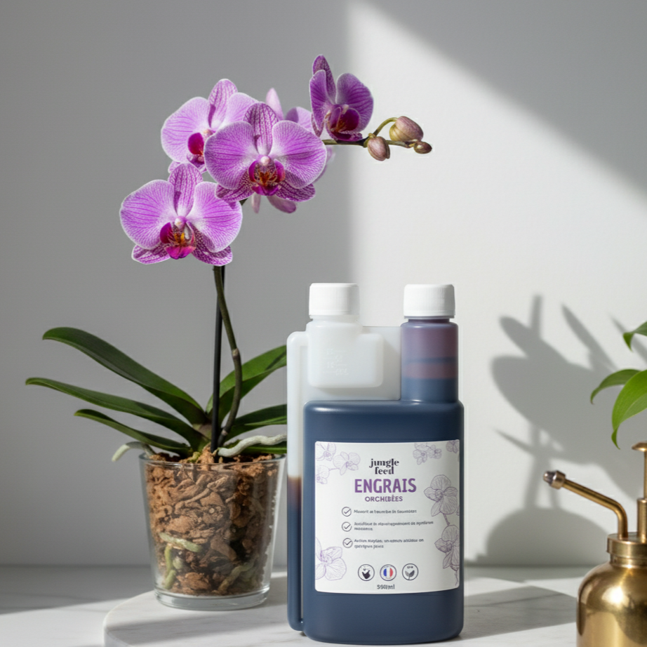 Bouteille de 500 ml d'engrais liquide pour orchidées, conçue pour favoriser la floraison et la croissance. Le produit est placé à côté d'une magnifique orchidée en pleine fleur.