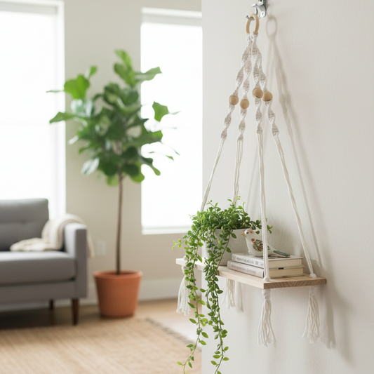 Étagère murale suspendue en macramé et bois clair, photographiée dans un salon avec un canapé et des plantes.