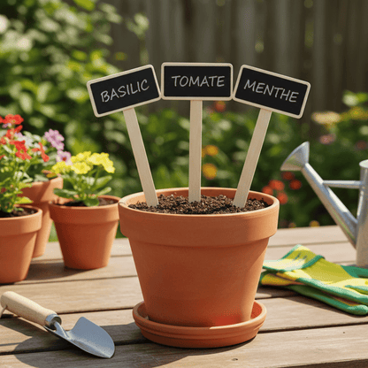 Lot de cinq étiquettes pour plantes en bambou, insérées dans des pots de plantes, avec des noms de plantes écrits en français.