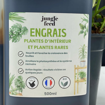 Fertilisant biologique de 500 ml pour le soin des plantes vertes. Le produit est placé à côté de plantes saines pour illustrer son efficacité sur la croissance."
