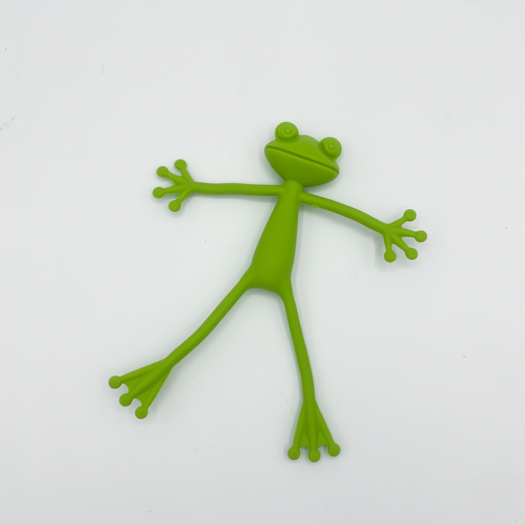 Figurine souple en forme de grenouille verte avec ses membres étirés, sur un fond blanc.