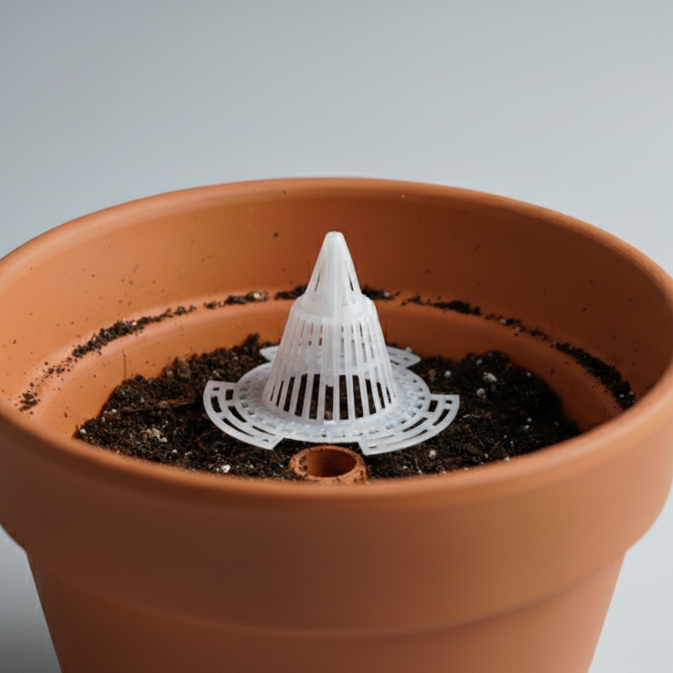 Filtre de drainage conique entouré de terreau au fond d'un grand pot de fleurs, montrant l'installation pour le rempotage.