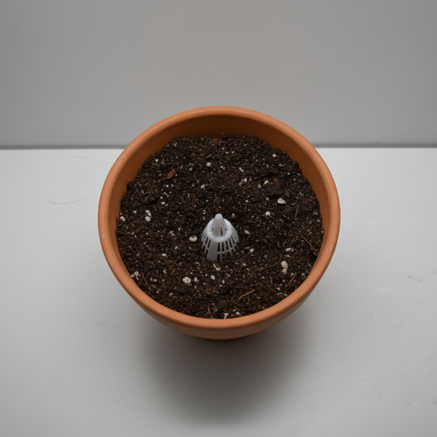 Vue de dessus du filtre de fond de pot de fleurs installé, prêt à être recouvert de terreau.