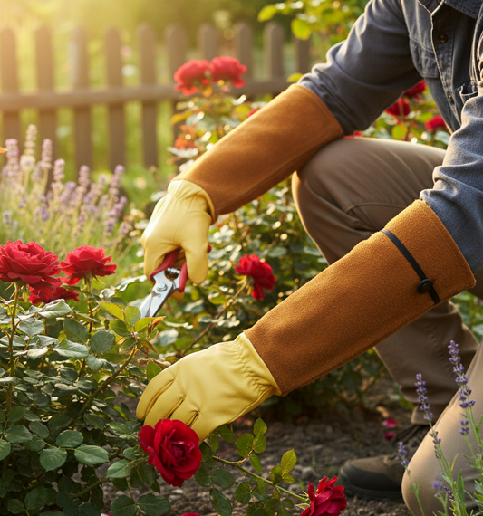 Paire de gants de jardinage longs avec manchette marron et paume jaune, visibles de face sur fond blanc. La manchette possède une sangle de serrage réglable noire.