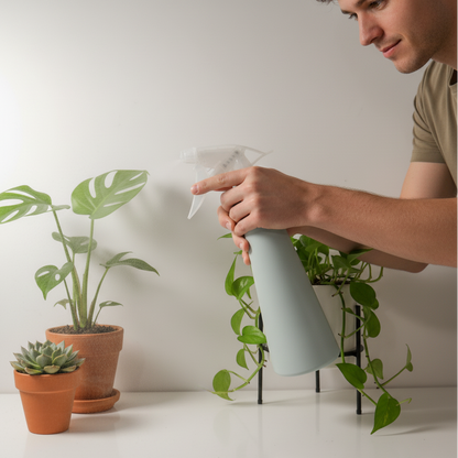 Un jeune homme d'environ 25 ans, vêtu d'un t-shirt kaki, vaporisant une plante verte avec le vaporisateur de 380 ml. Ses mains tiennent fermement le pulvérisateur, créant une fine brume sur les feuilles d'une plante Monstera, à côté d'autres plantes d'intérieur sur fond blanc. L'image montre l'utilisation du produit en contexte.