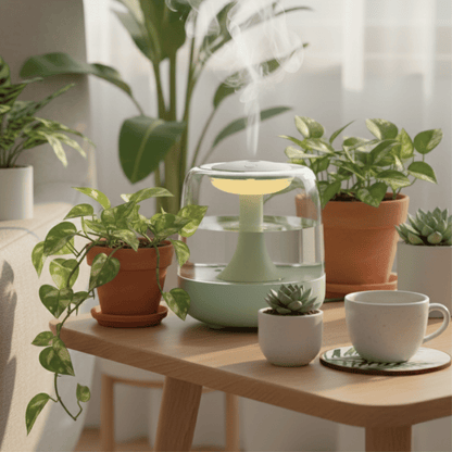 Humidificateur d'air transparent et lumineux en forme de champignon, diffusant de la brume et entouré de plantes d'intérieur