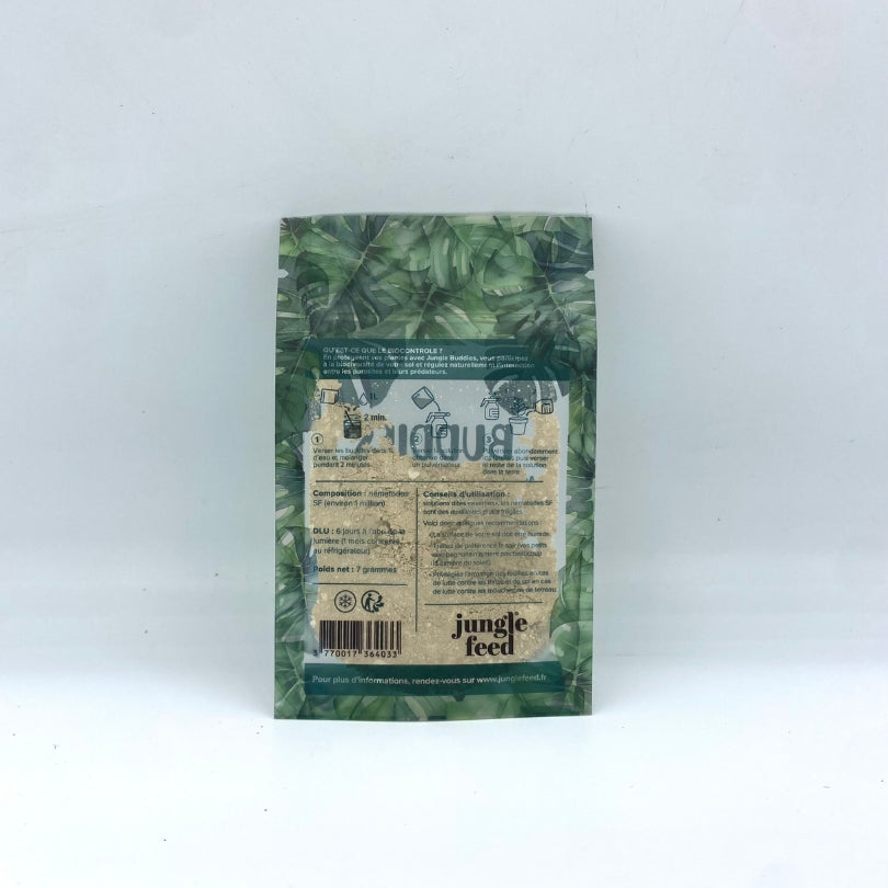 Produit de soin des plantes 'Buddies', une solution naturelle pour le traitement des thrips, araignées rouges et moucherons de terreau, présenté dans un sachet biodégradable.