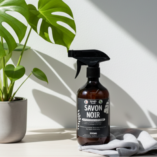 Flacon de Savon Noir liquide, une solution biologique et efficace pour nettoyer les feuilles des plantes et les protéger des insectes nuisibles.