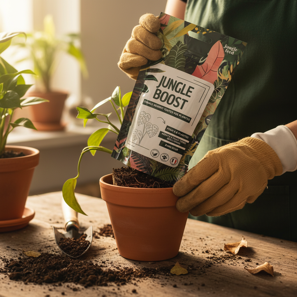 Application engrais Jungle Boost lors d'un rempotage de plante tropicale
