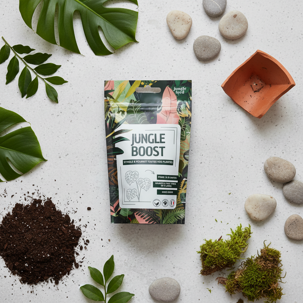 Jungle Boost flat lay avec terre et feuilles tropicales - engrais bio Made in France