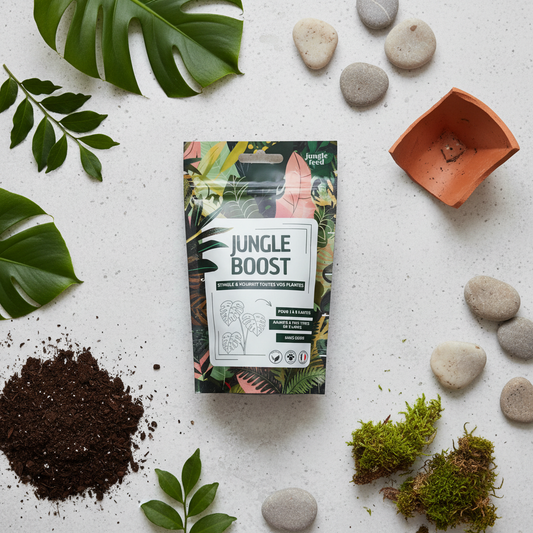Jungle Boost flat lay avec terre et feuilles tropicales - engrais bio Made in France