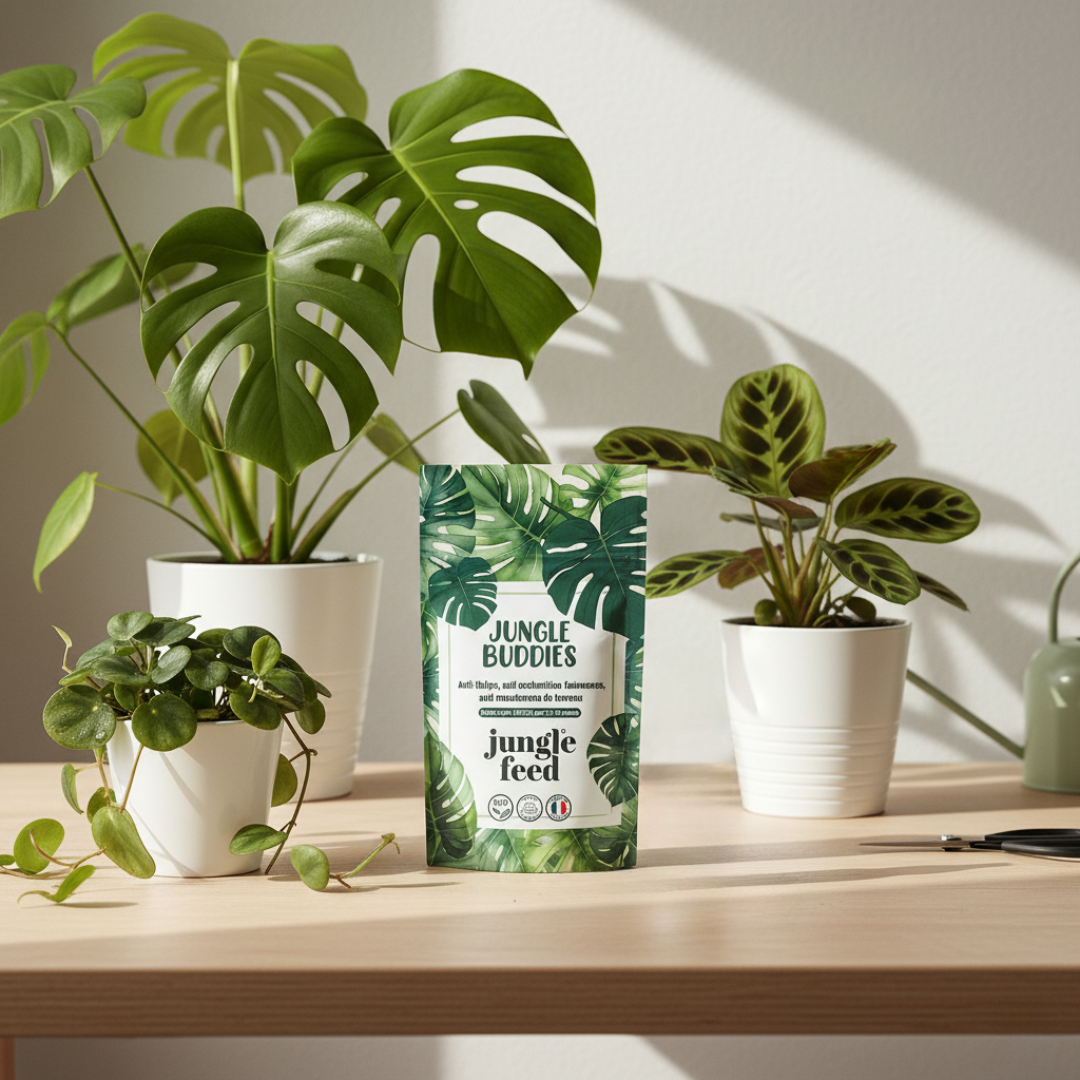 Sachet de Jungle Buddies, un produit de traitement biologique pour les plantes d'intérieur, posé sur une table en bois et entouré de trois plantes en pot.