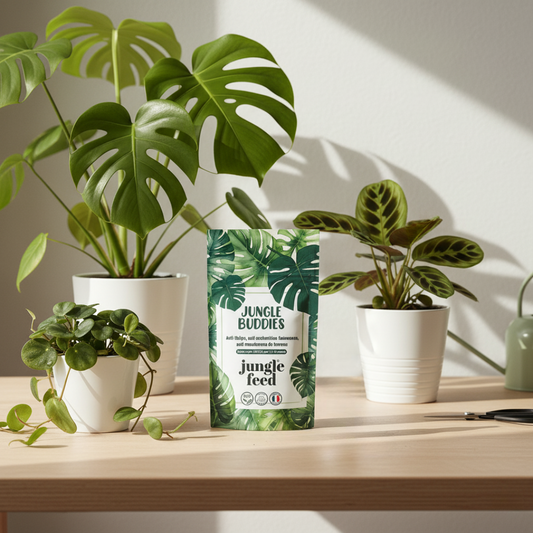 Sachet de Jungle Buddies, un produit de traitement biologique pour les plantes d'intérieur, posé sur une table en bois et entouré de trois plantes en pot.