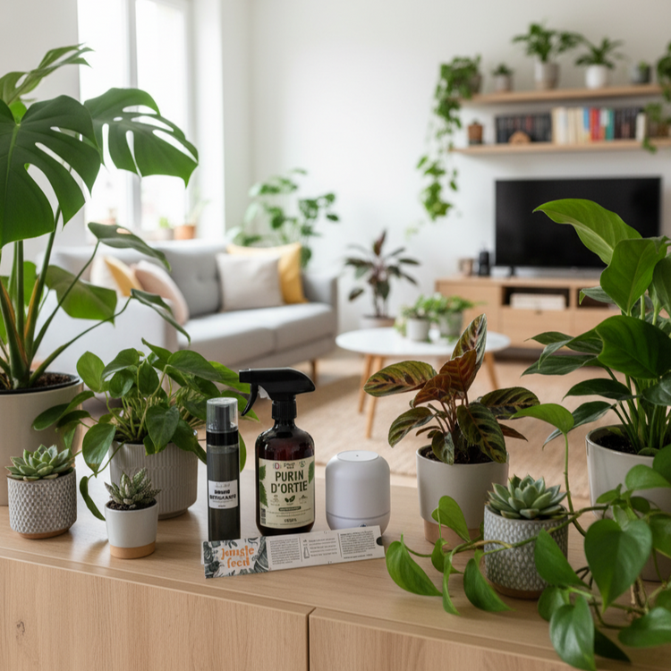 Produit Jungle Feed dans un appartement, avec des plantes d'intérieur et un mur vert. On voit un diffuseur d'huiles essentielles, une brume nettoyante, une bouteille de purin d'ortie et un papier d'instructions, pour l'entretien des plantes d'intérieur.