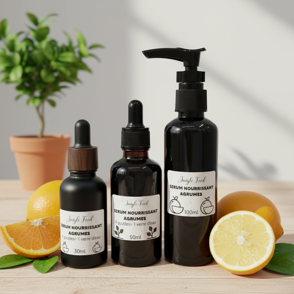 Trois flacons de "Sérum Nourrissant Agrumes" de la marque Jungle Feed, dans des formats de 30ml, 50ml et 100ml, alignés sur un fond blanc.