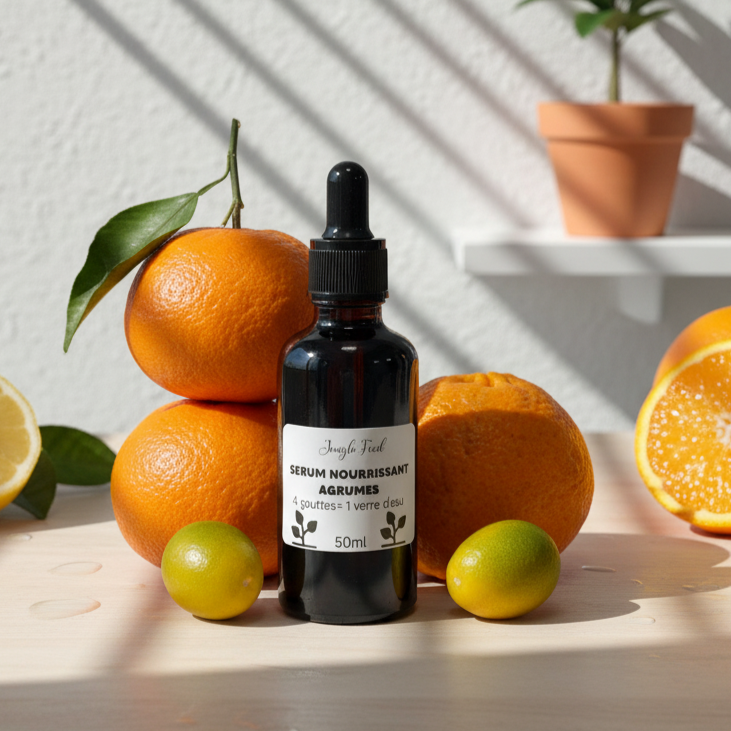 Bouteille de 50ml de sérum nourrissant aux agrumes de Jungle Feed avec un distributeur à pompe noir, sur un fond blanc avec des ombres de lumière naturelle.