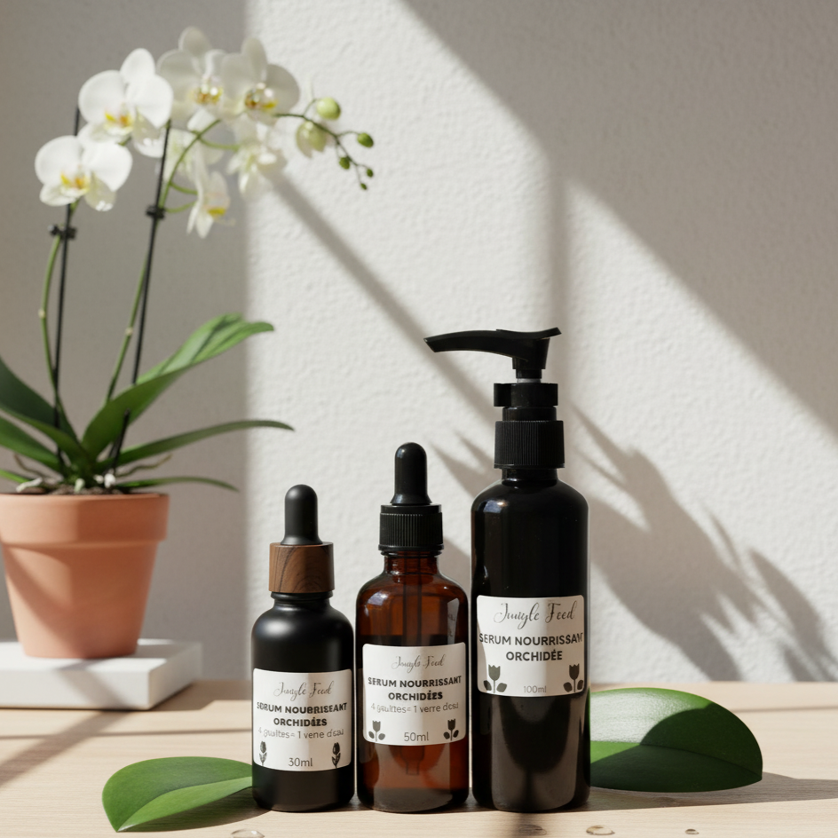 Trois bouteilles de Sérum Nourrissant Orchidée de Jungle Feed de 30ml, 50ml et 100ml, avec des bouchons différents, sur un fond blanc uni.