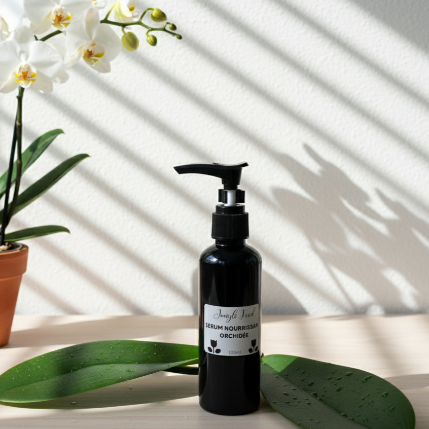Bouteille de 100ml de Sérum Nourrissant Orchidée de Jungle Feed avec un distributeur à pompe noir, sur un fond blanc avec des ombres. Une orchidée en arrière plan. 

