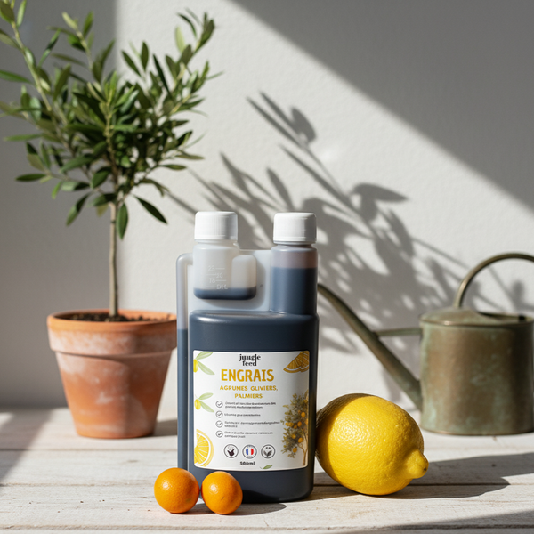 Solution nutritive pour les arbres de climat ensoleillé. Cet engrais liquide aide à maintenir la vitalité des palmiers et oliviers, même en pot.